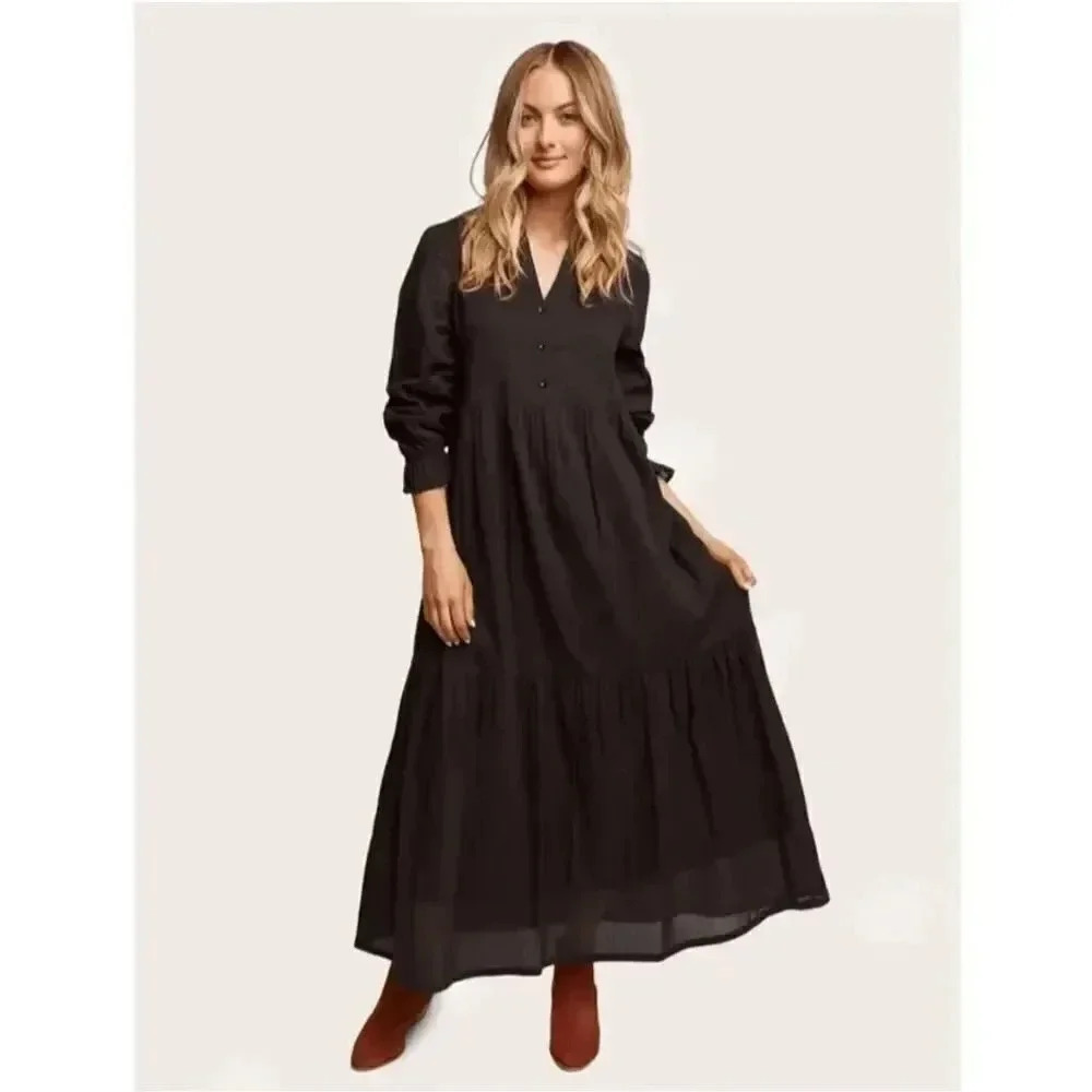 ABLE Jane Long Sleeve Cotton Minimalist Bohemian Maxi Dress  Black SZ XL #2017